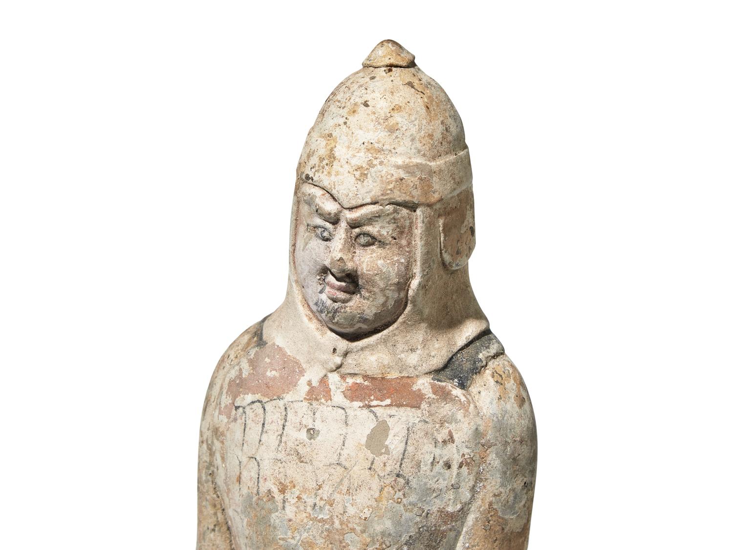 Three Chinese Painted Pottery Figures of Soldiers, Northern Qi Dynasty (550-577)