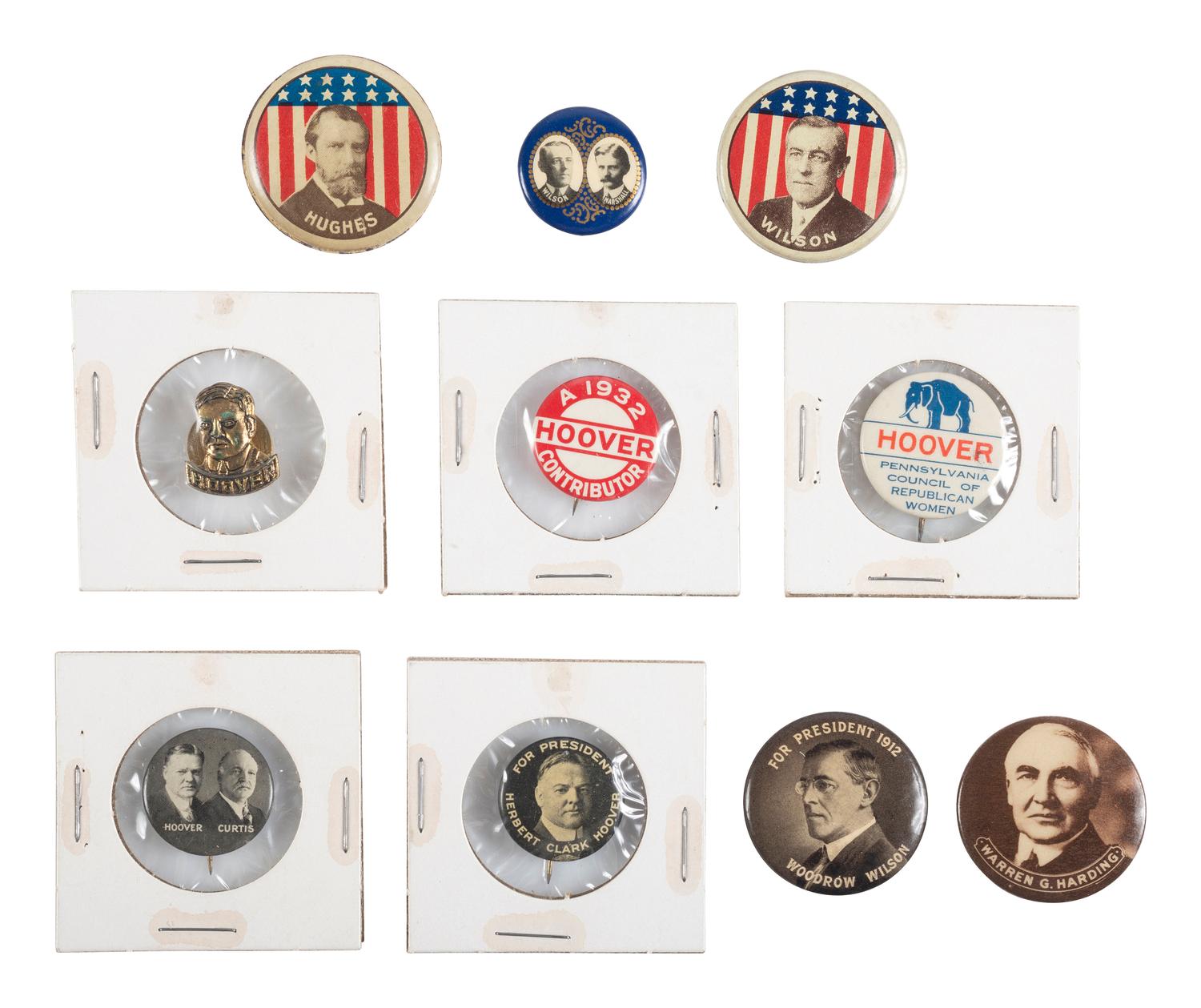 [POLITICS]. A group of 15 political campaign buttons promoting Wilson, Harding, and Hoover.