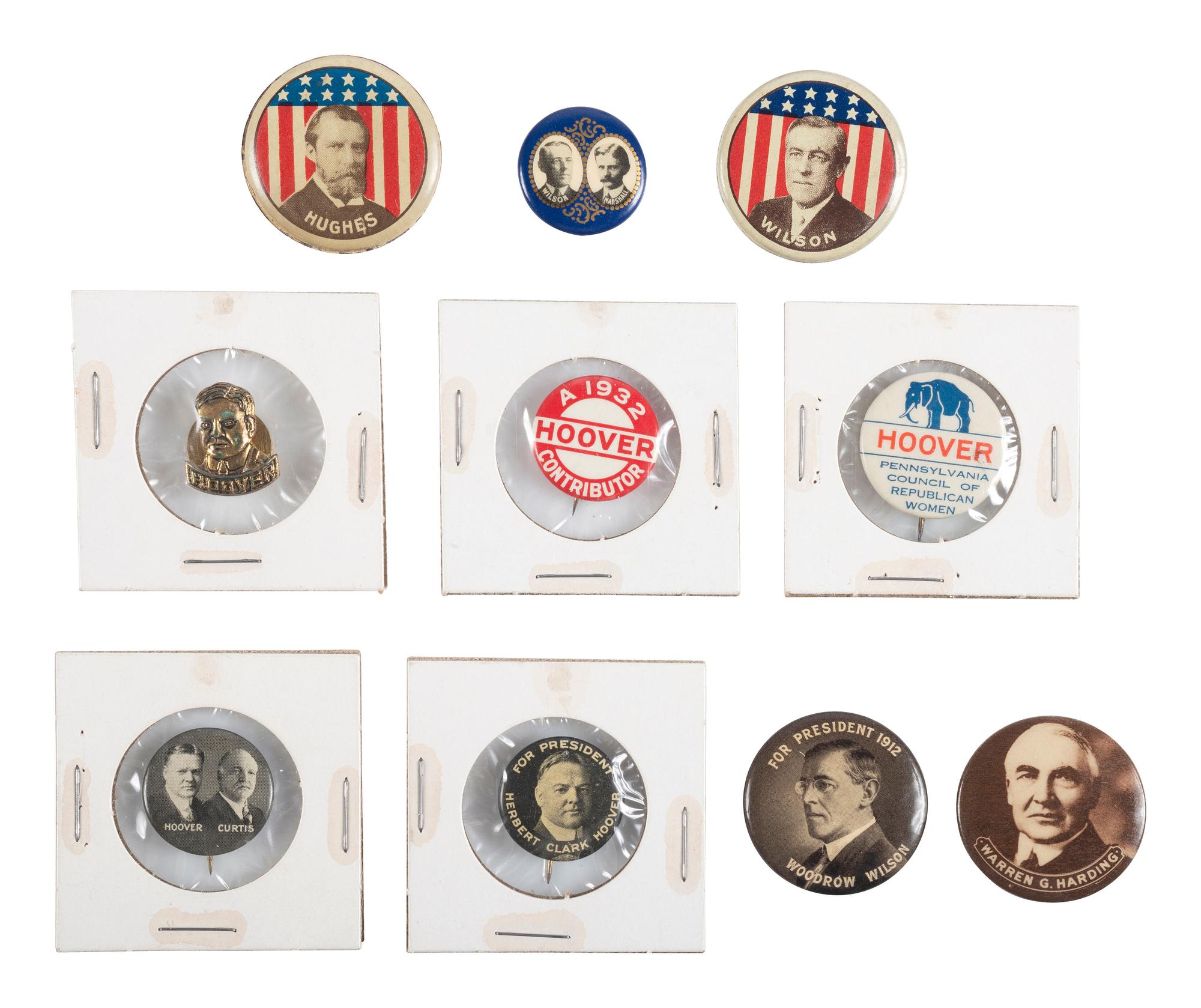 [POLITICS]. A group of 15 political campaign buttons promoting Wilson, Harding, and Hoover.