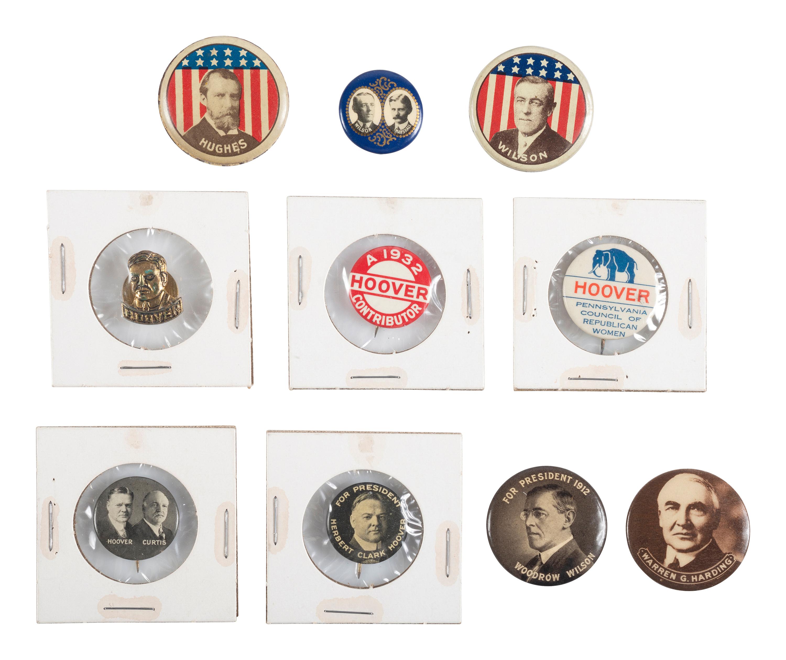 [POLITICS]. A group of 15 political campaign buttons promoting Wilson, Harding, and Hoover.