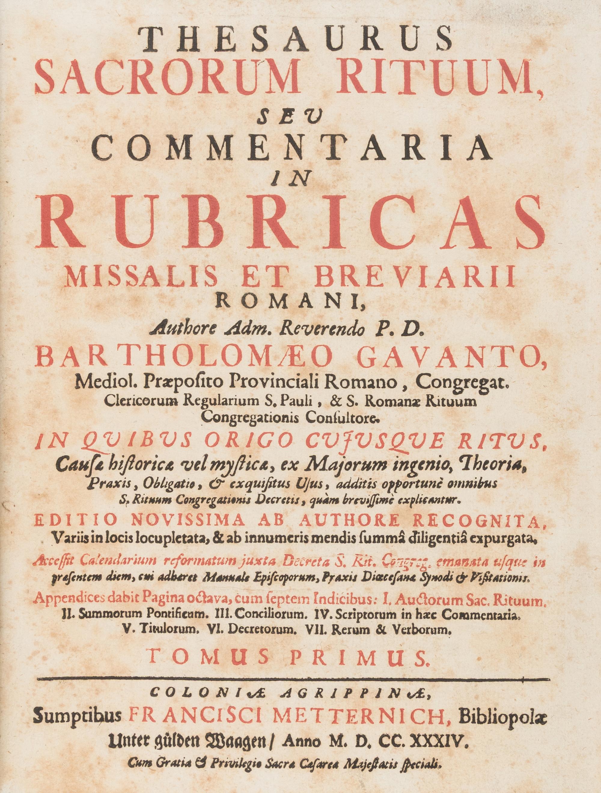 [Religion] Gavanto, Bartolommeo. Thesaurus Sacrorum Rituum