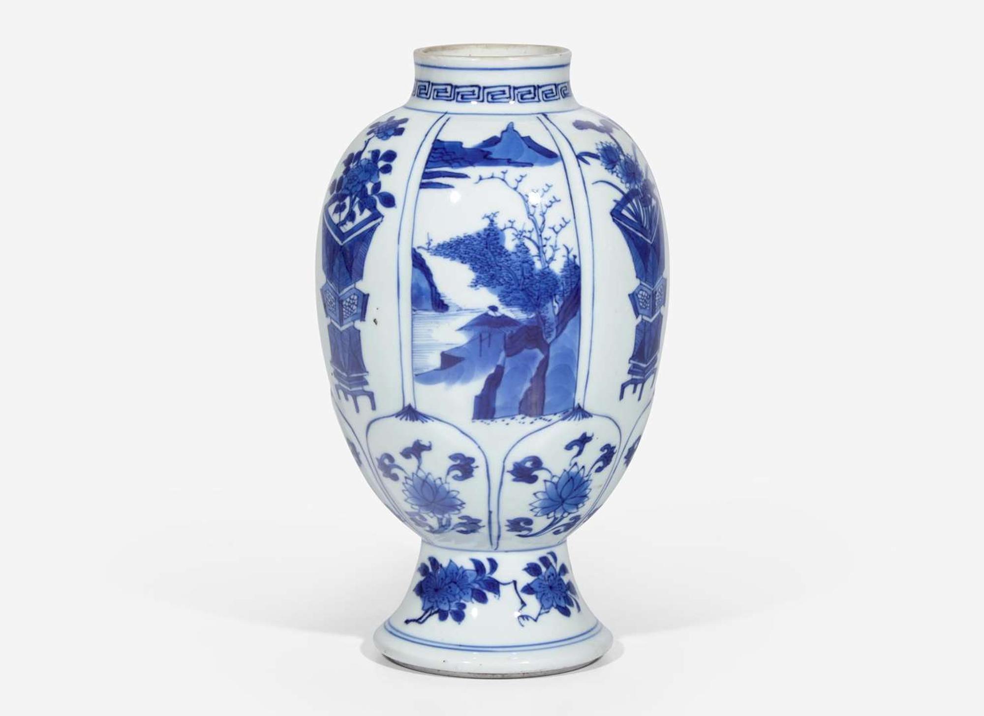 A Chinese blue and white ovoid footed jar, Kangxi period 青花橄欖瓶 清 康熙