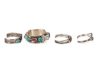 Navajo Silver, Turquoise, and Coral Cuff Bracelets AND Watch Band