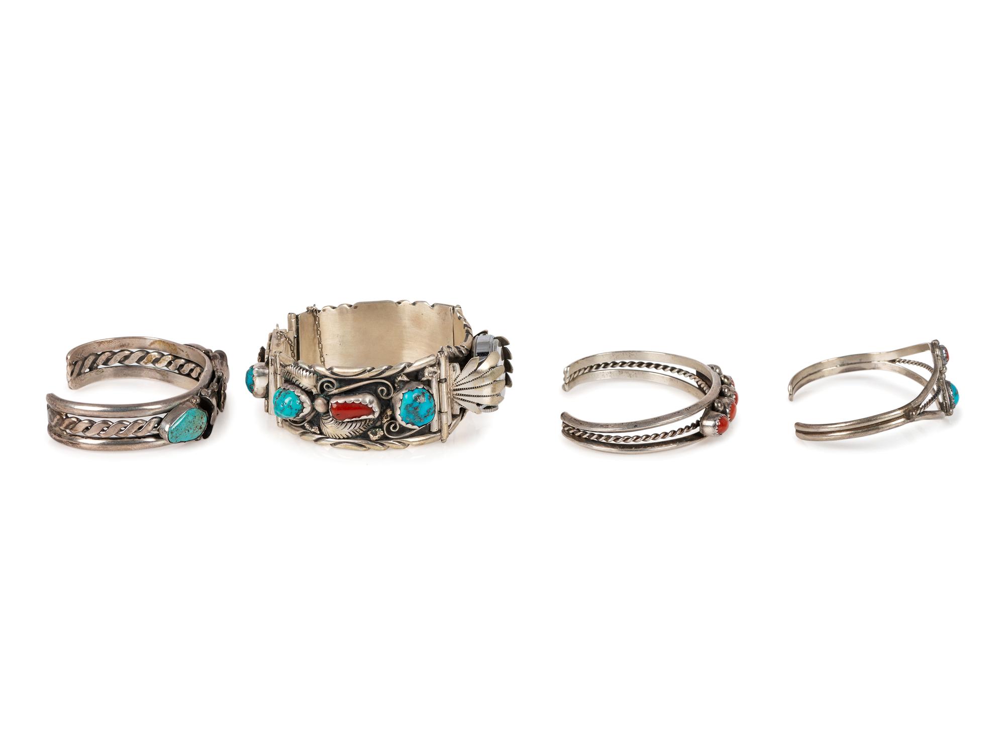 Navajo Silver, Turquoise, and Coral Cuff Bracelets AND Watch Band