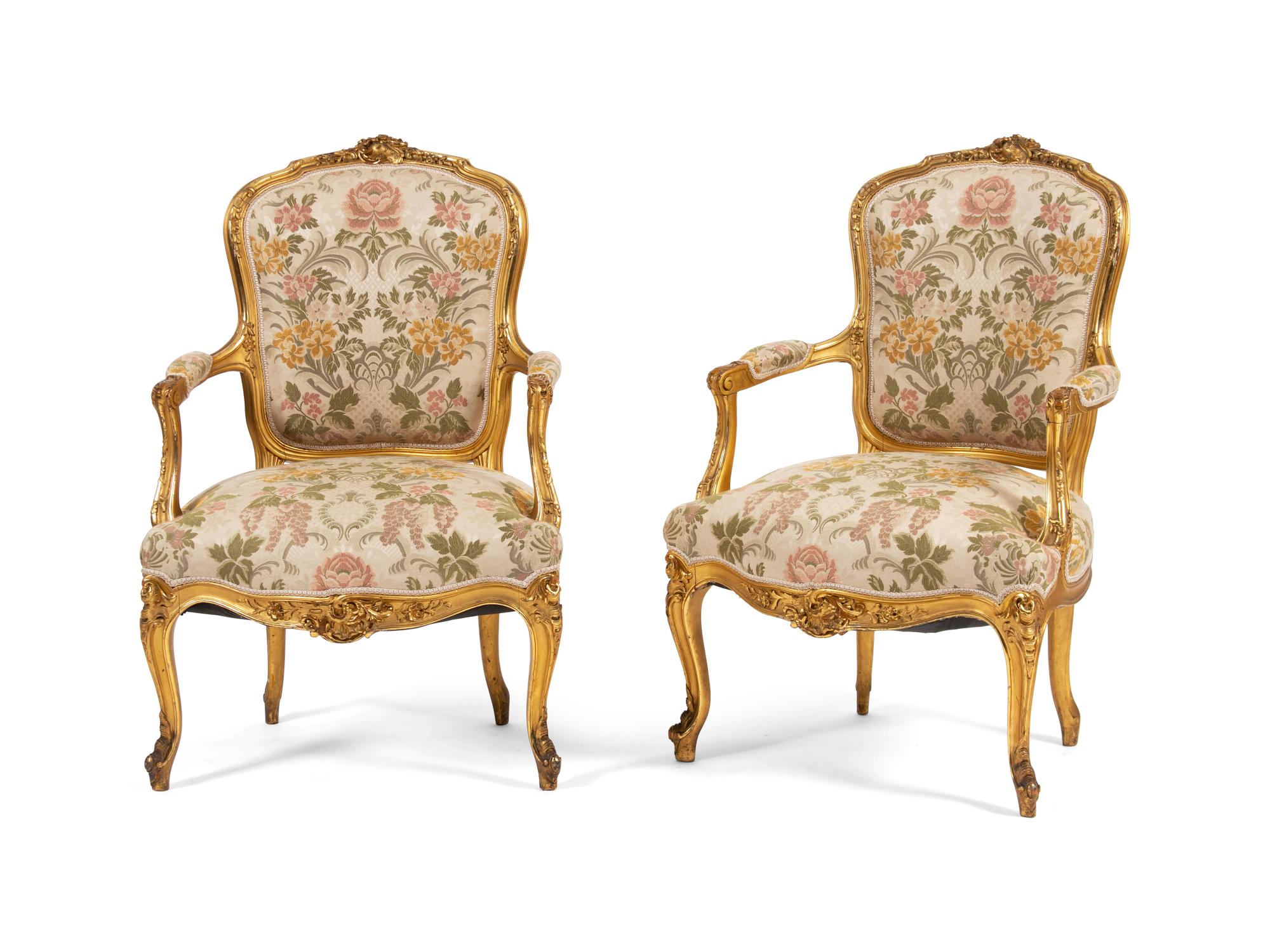 A Pair of Louis XV Style Giltwood Fauteuils