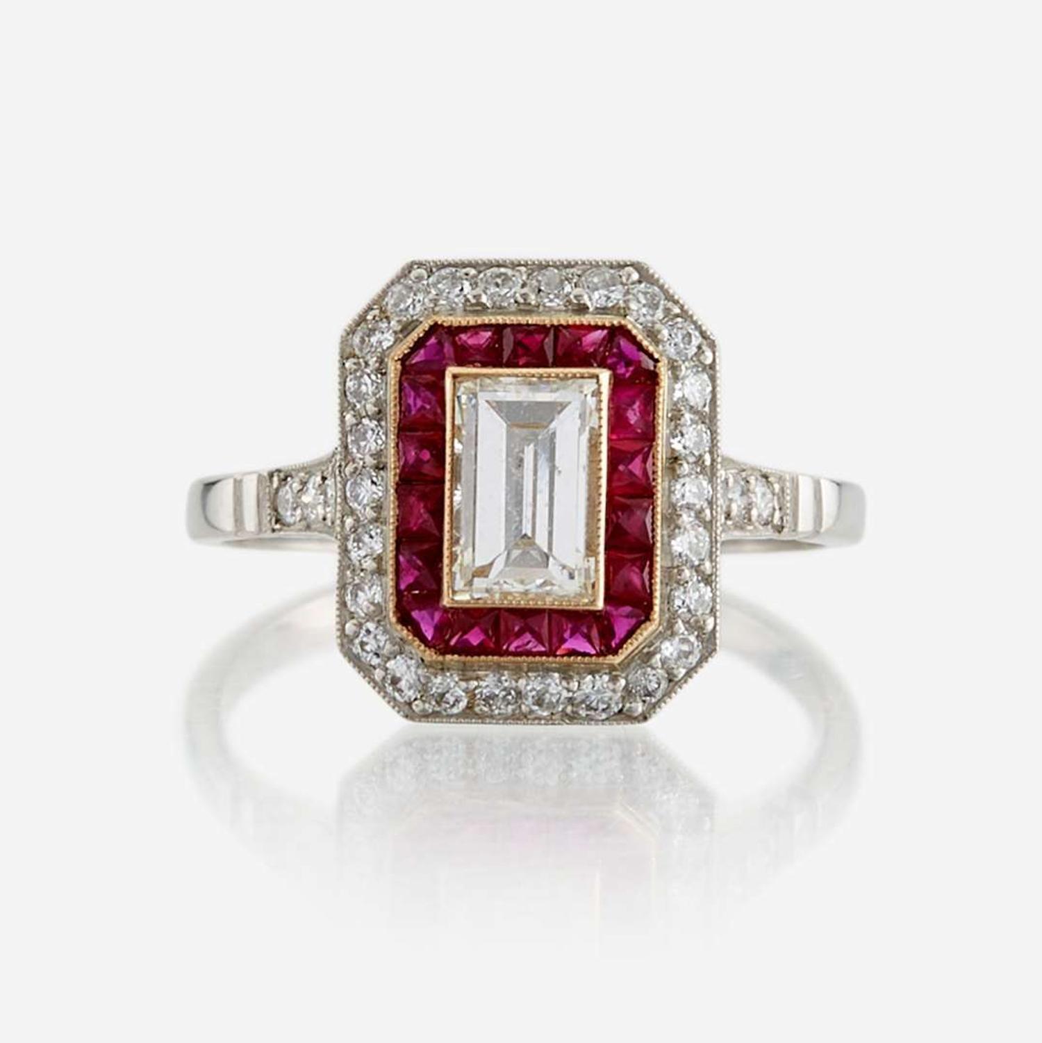 A diamond, ruby, and platinum ring