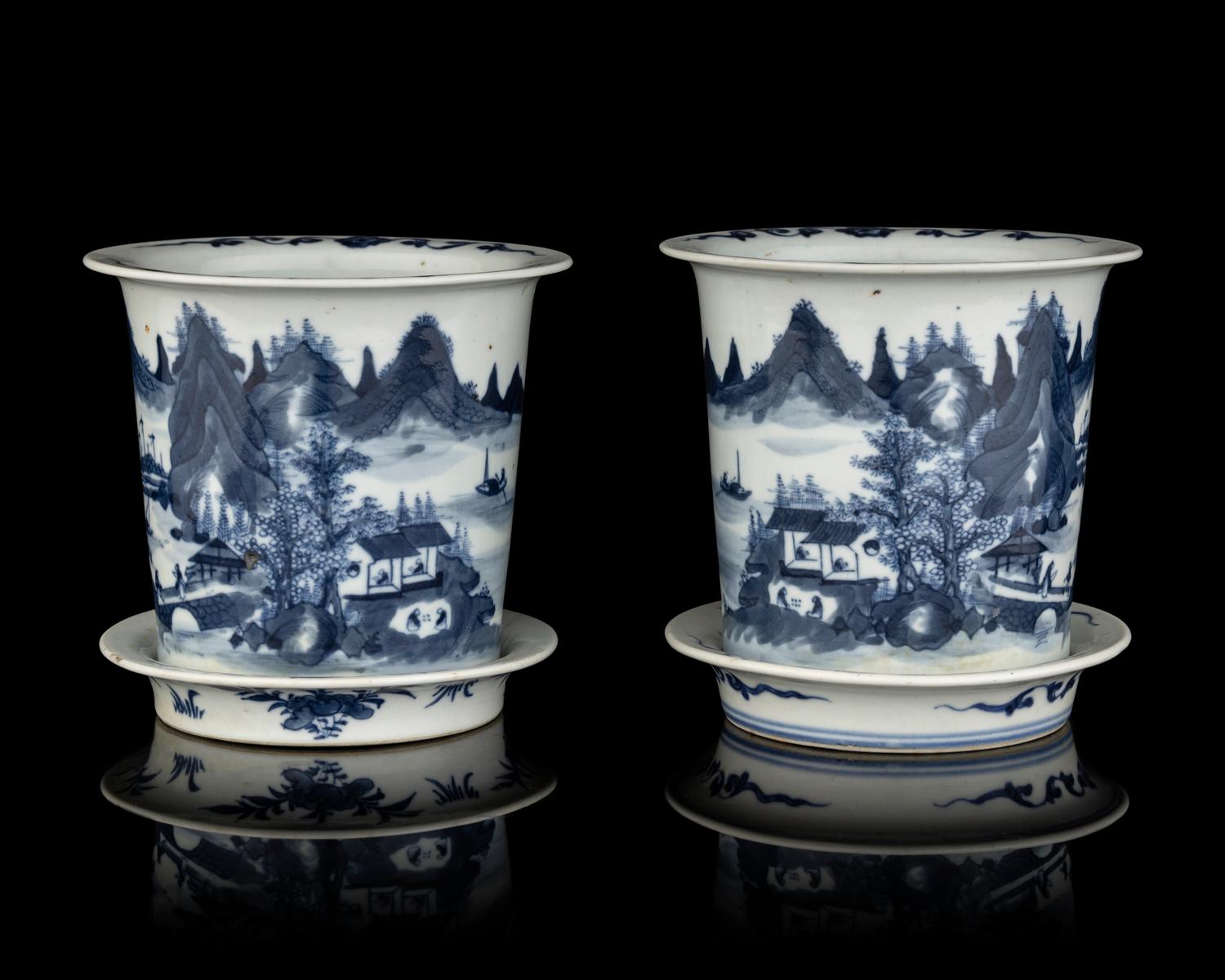 A Pair of Chinese Export Blue and White Porcelain Cache Pots and Undertrays