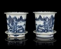 A Pair of Chinese Export Blue and White Porcelain Cache Pots and Undertrays