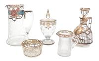 A Group of Five Silver Overlay Glass Table Articles Height of tallest 9 3/8 inches.