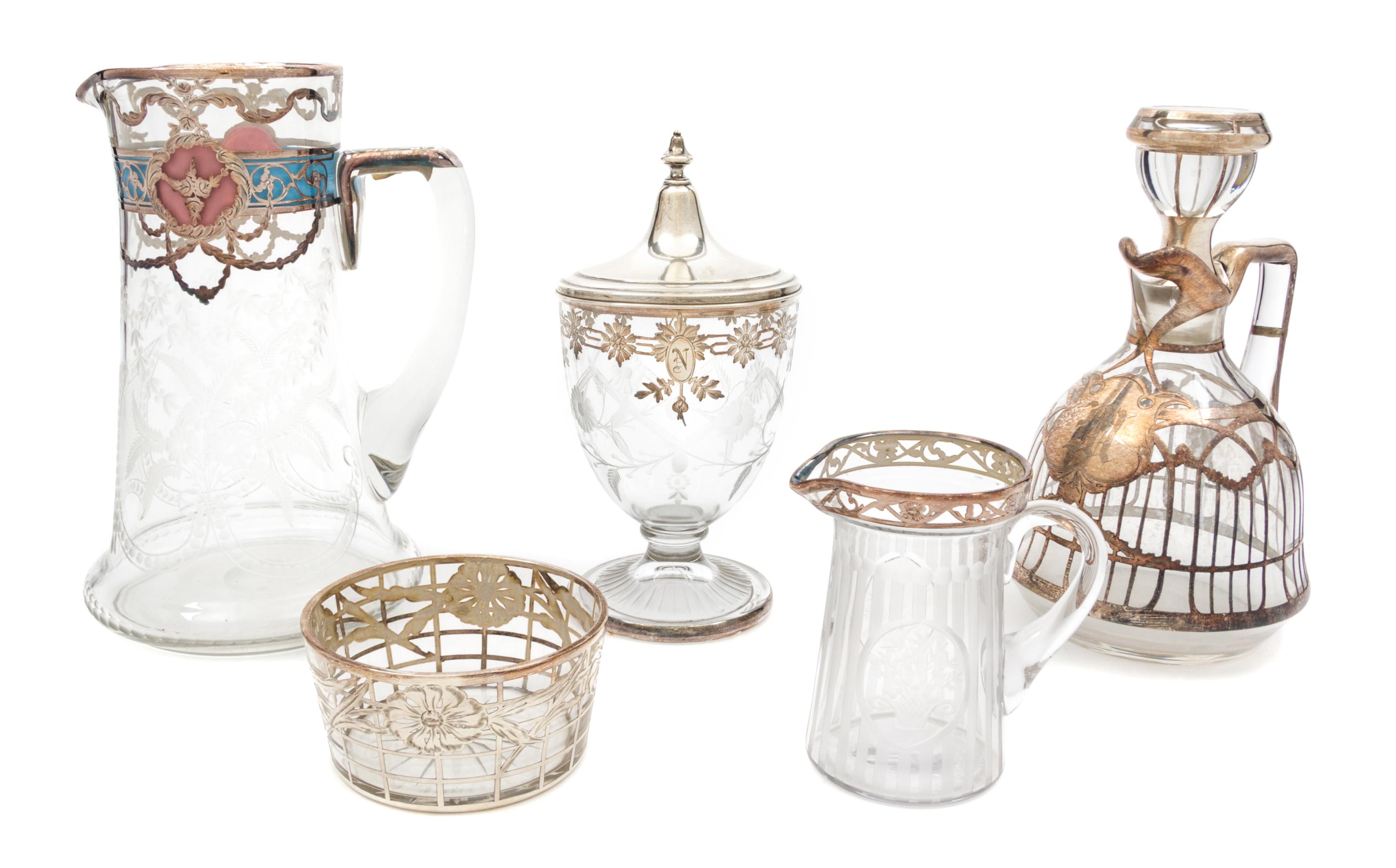 A Group of Five Silver Overlay Glass Table Articles Height of tallest 9 3/8 inches.