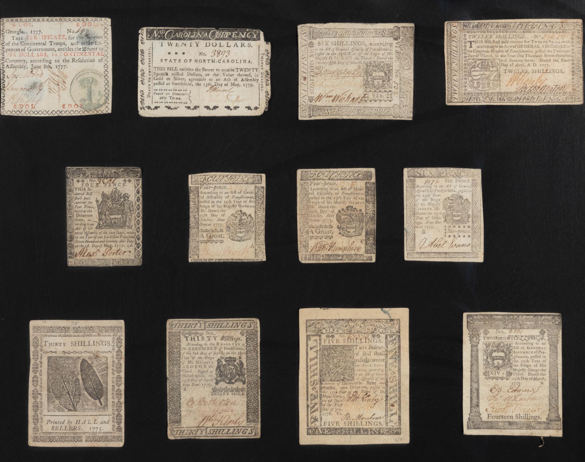 A Collection of Framed American Colonial Paper Money