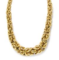An 18 Karat Yellow Gold Graduated Byzantine Link Necklace. 77.40 dwts.