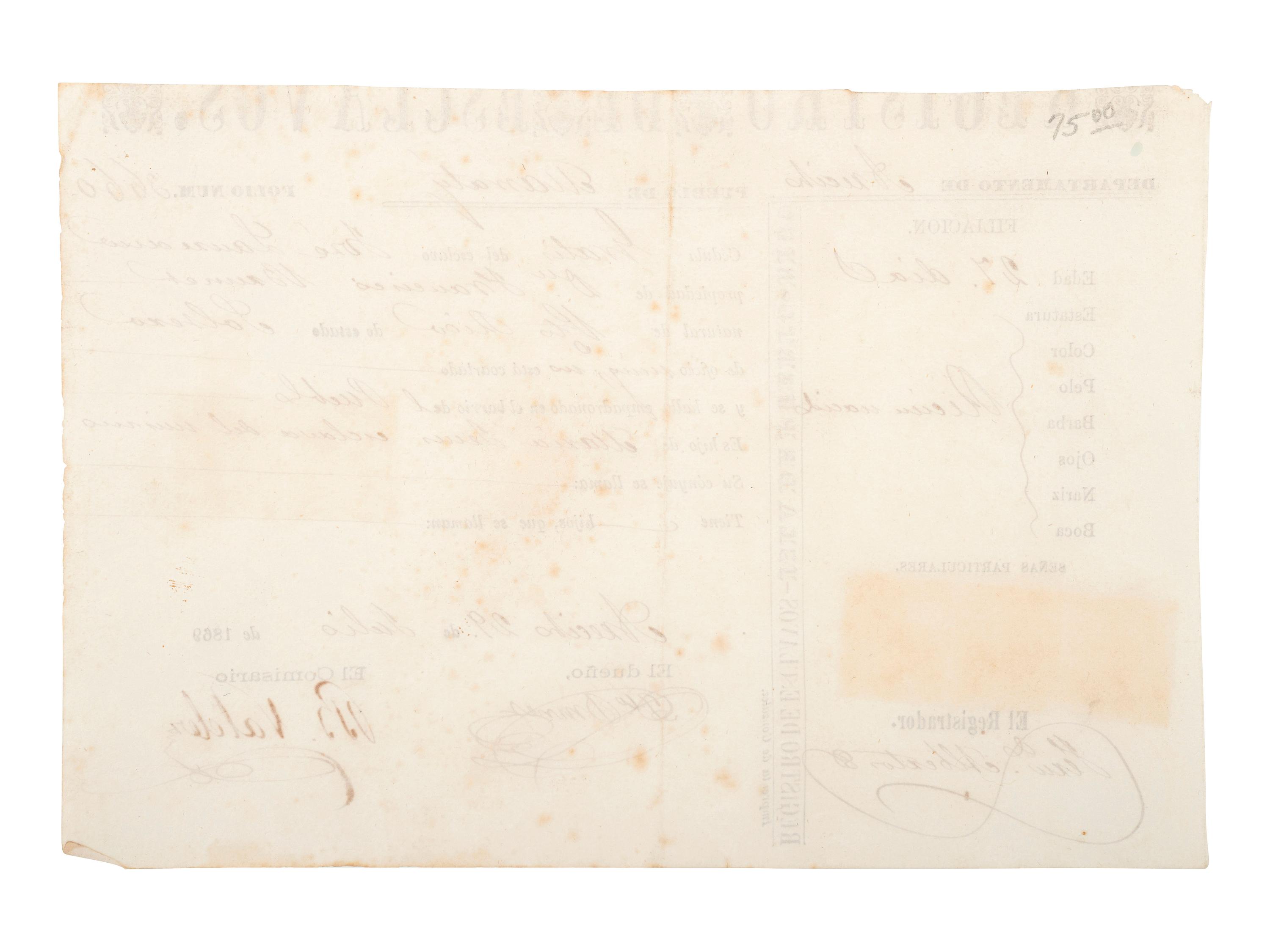 [SLAVERY & ABOLITION]. Partially printed Spanish-language "Registro de Esclavos," a Puerto Rican registration document for enslaved infant "José Laurence." 29 July 1869.