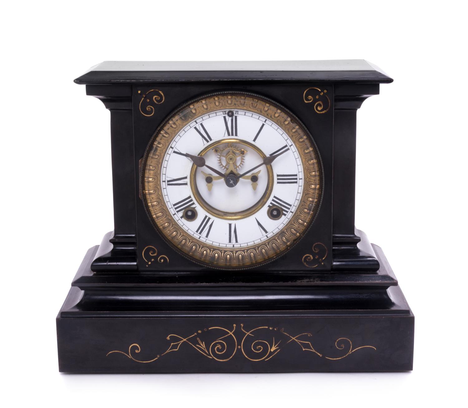 A Victorian Style Painted Metal Mantel Clock Height 9 3/4 x width 11 3/8 inches. — ANSONIA CLOCK CO., LATE 19TH CENTURY