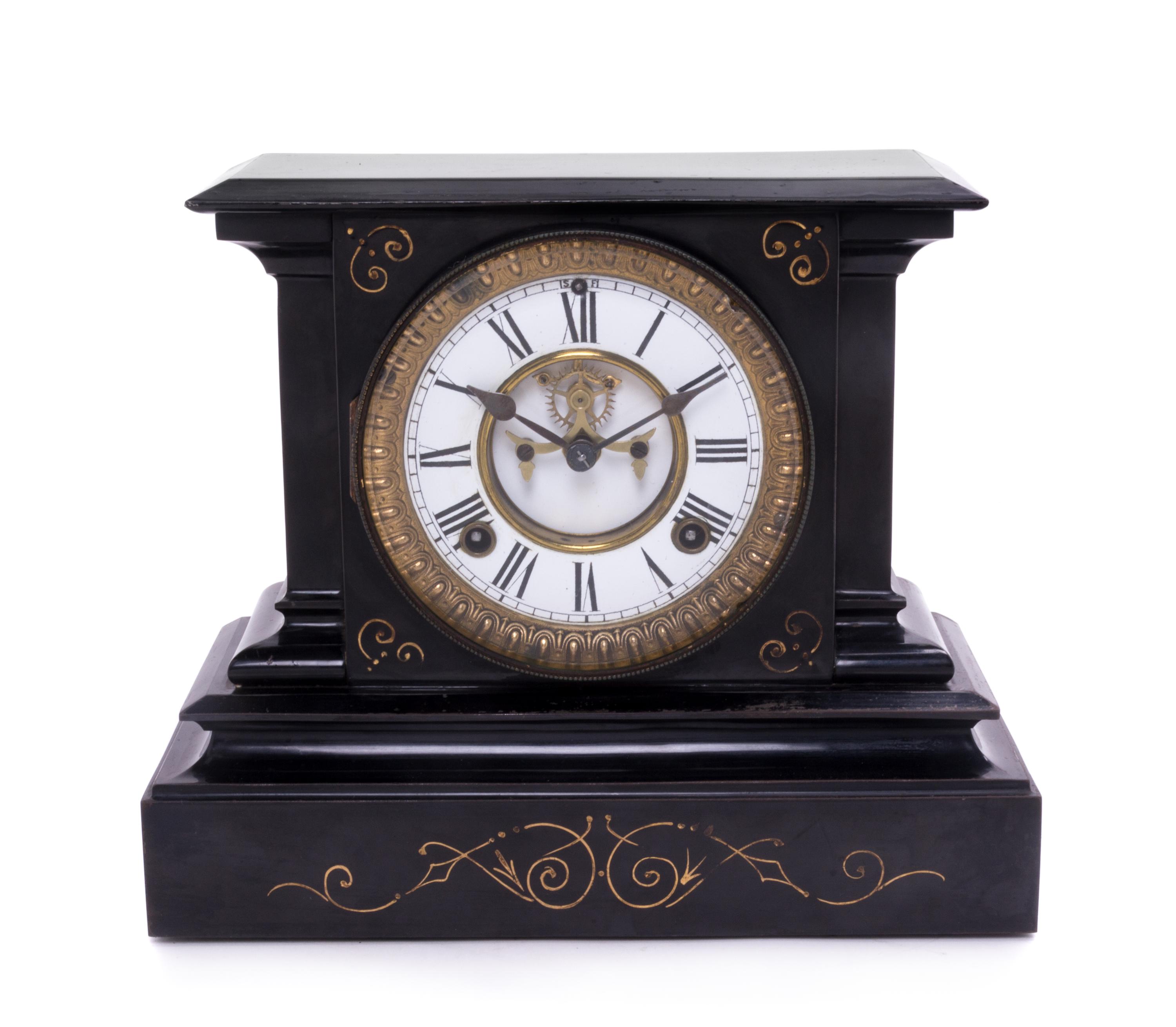 A Victorian Style Painted Metal Mantel Clock Height 9 3/4 x width 11 3/8 inches. — ANSONIA CLOCK CO., LATE 19TH CENTURY