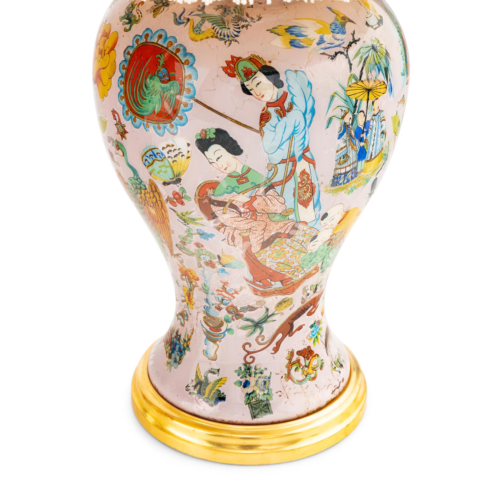 A Pair of Continental Pale "Decalcomania" Pink-Ground Glass Baluster-Form Vases Mounted as Lamps