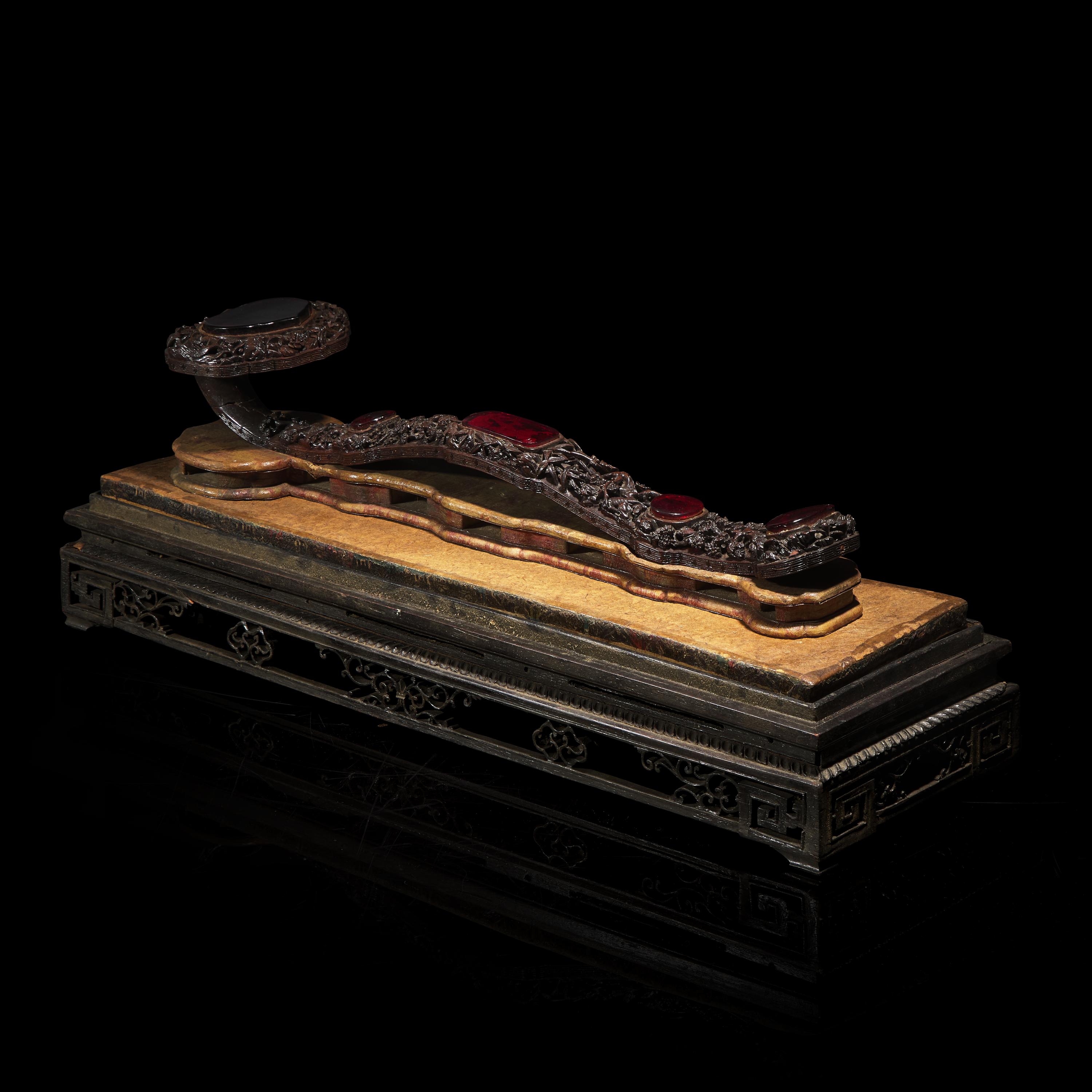 A Chinese Amber Glass-Inset Carved Wood Ruyi Scepter and Stand, with Three Photo Albums, Late 19th-Early 20th Century — 清晚期 紅木雕花三鑲琥珀料如意及相冊三簿