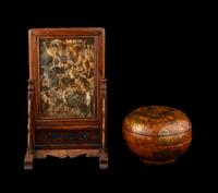 A Chinese Dream Stone Inset Huali Wood Table Screen and A Gilt Lacquered Wood Covered Box