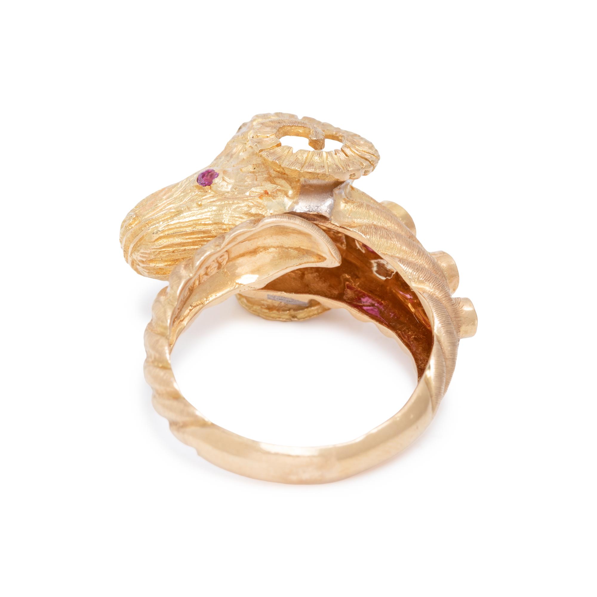 LALAOUNIS, YELLOW GOLD AND RUBY RAM'S HEAD RING