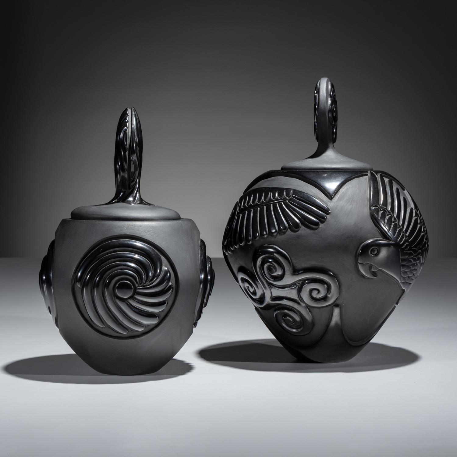Carved Blackware Pottery Vases, Macaws and Swirls