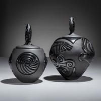Carved Blackware Pottery Vases, Macaws and Swirls