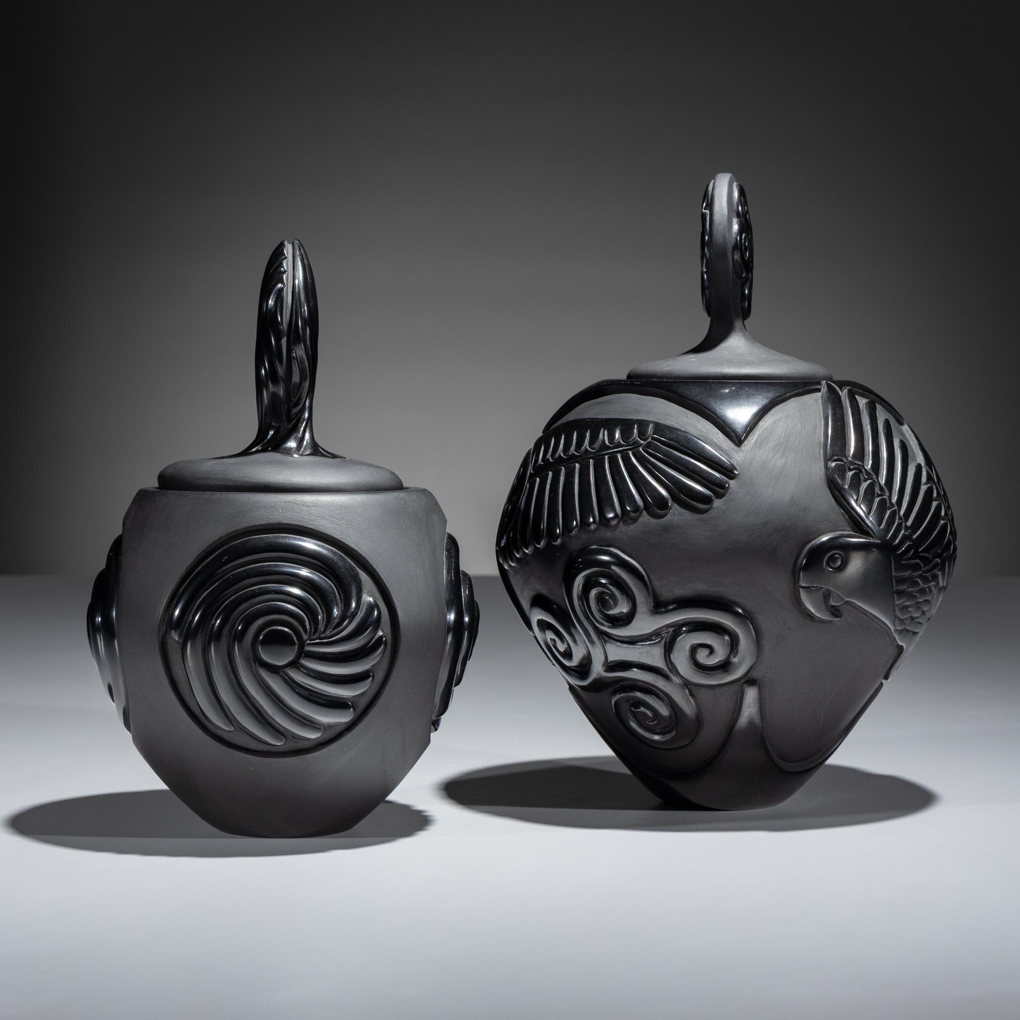 Carved Blackware Pottery Vases, Macaws and Swirls