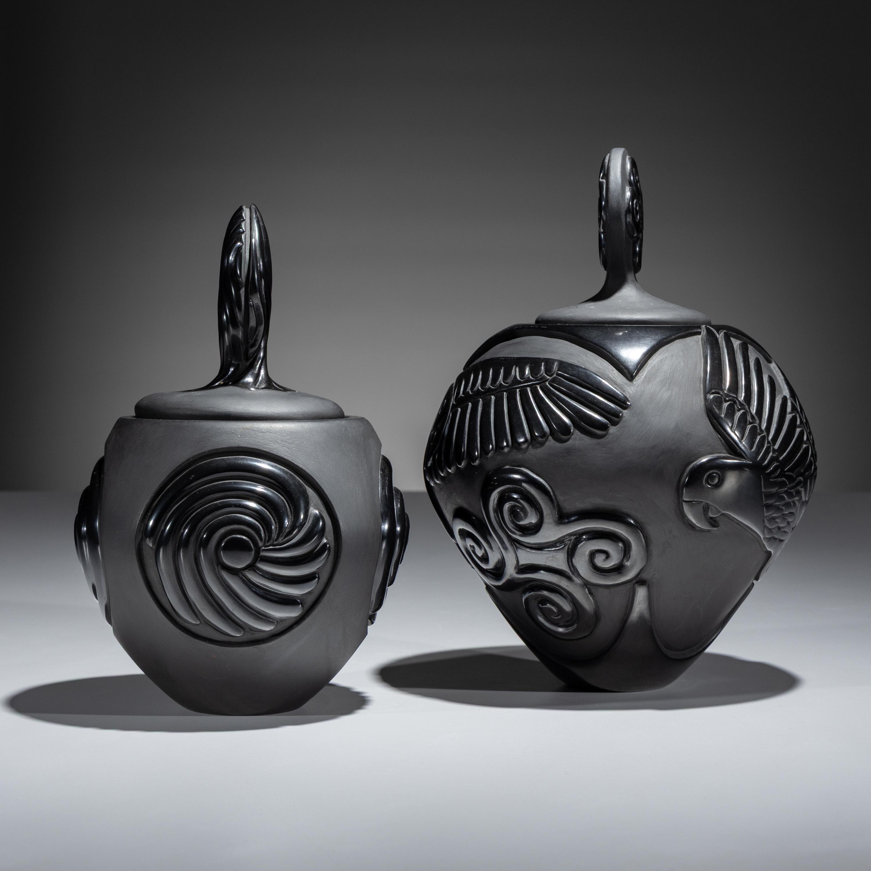 Carved Blackware Pottery Vases, Macaws and Swirls