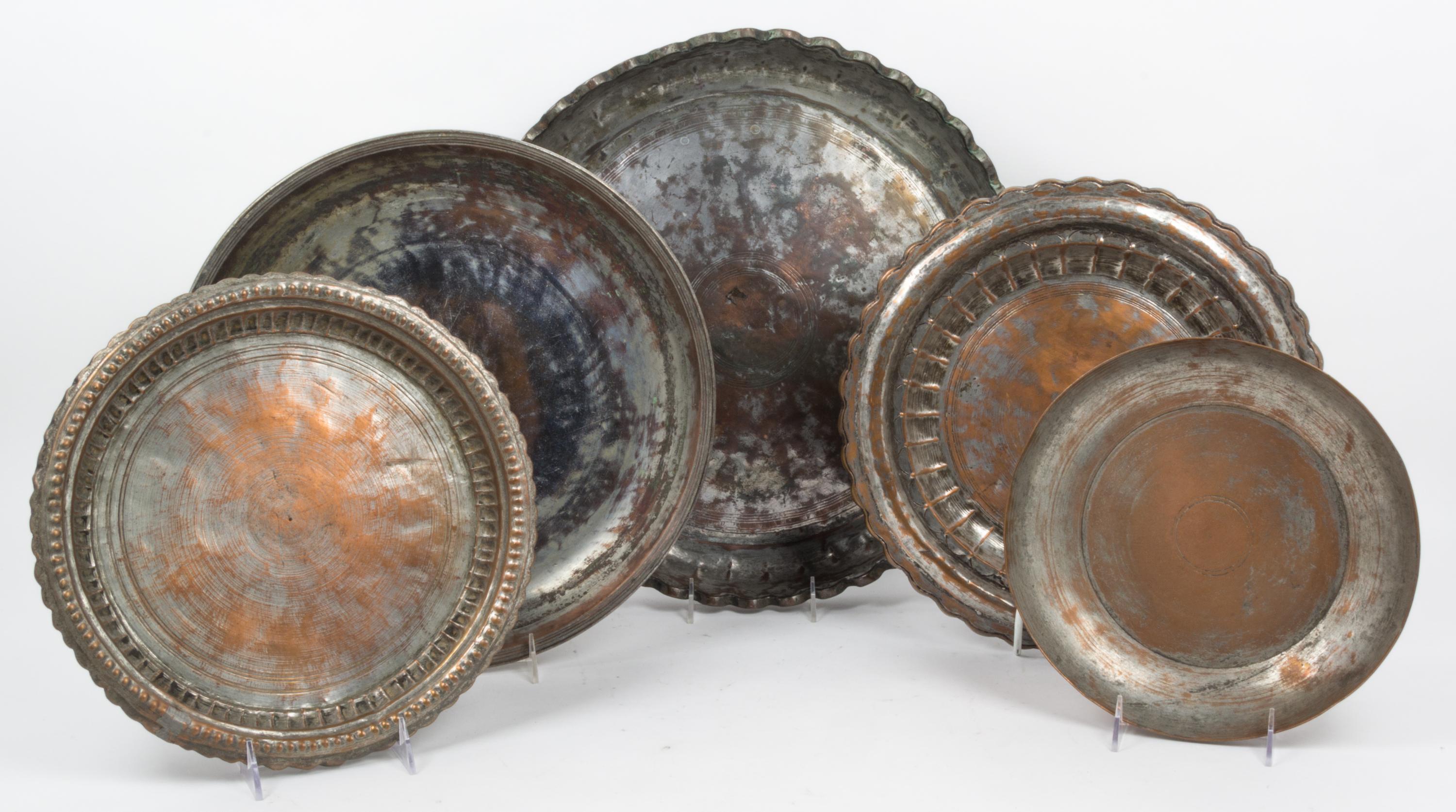 Five Middle Eastern Silvered Metal Trays Diameter of largest 17 1/2 inches. — 18TH/19TH CENTURY