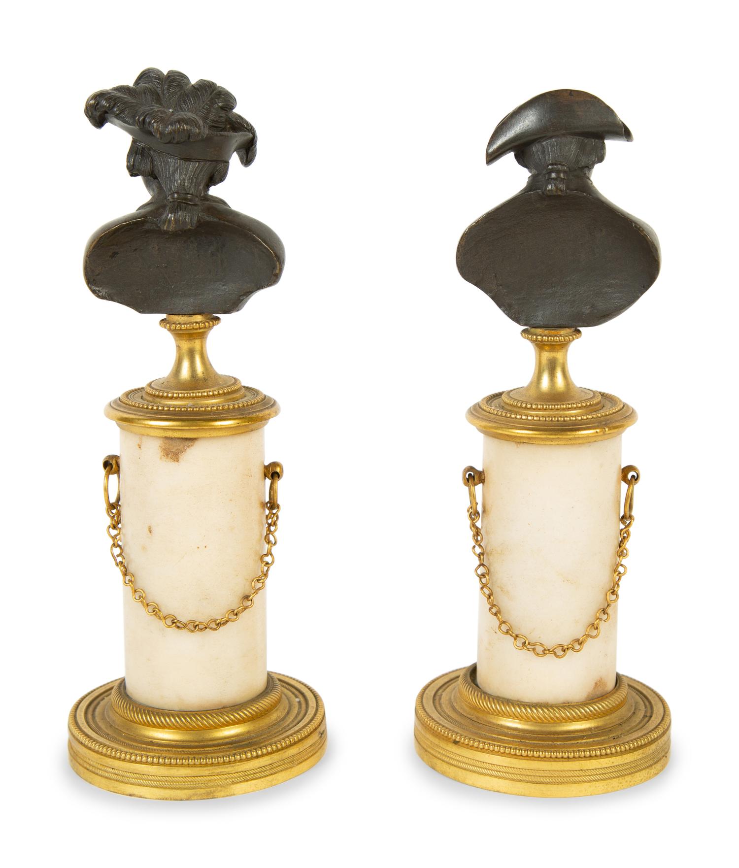 A Pair of French Bronze and Marble Small Busts