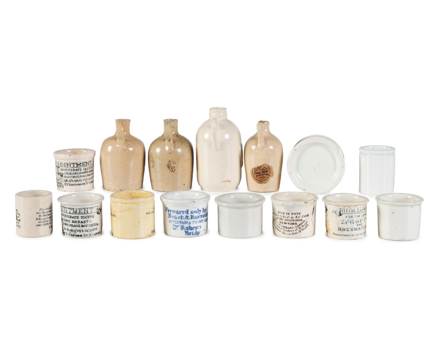 A Group of Miniature Advertising Stoneware and Porcelain Jugs and Cups for Medicine and Alcohol