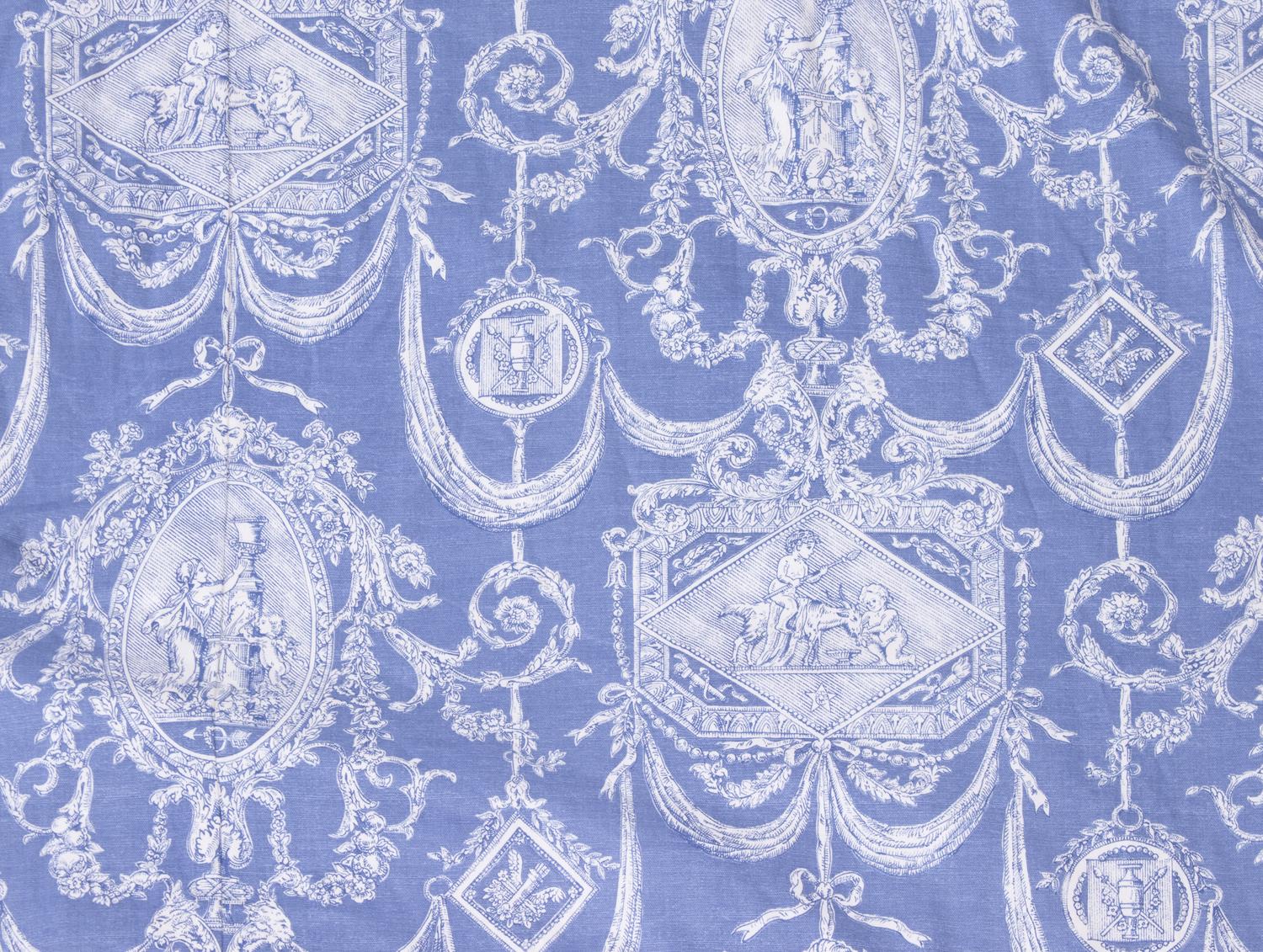 Two Curtain Panels of Blue and White Toile Fabric Each: Height 92 x width 80 inches. — 21ST CENTURY