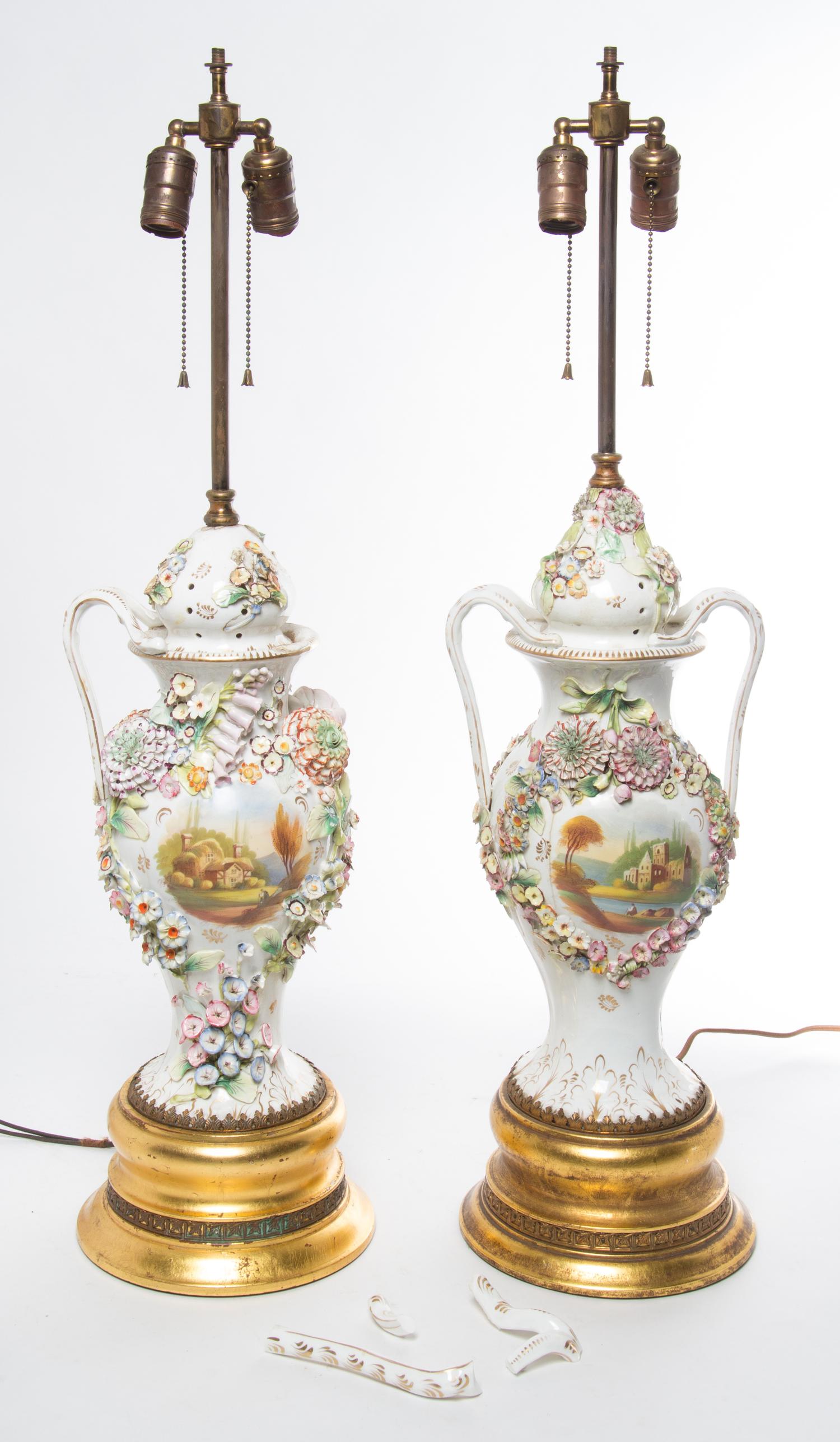 A Pair of Continental Porcelain Covered Urns Height 16 inches. — 20TH CENTURY