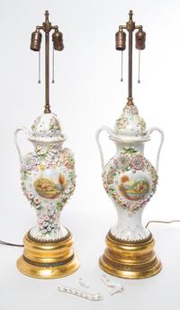 A Pair of Continental Porcelain Covered Urns Height 16 inches. — 20TH CENTURY
