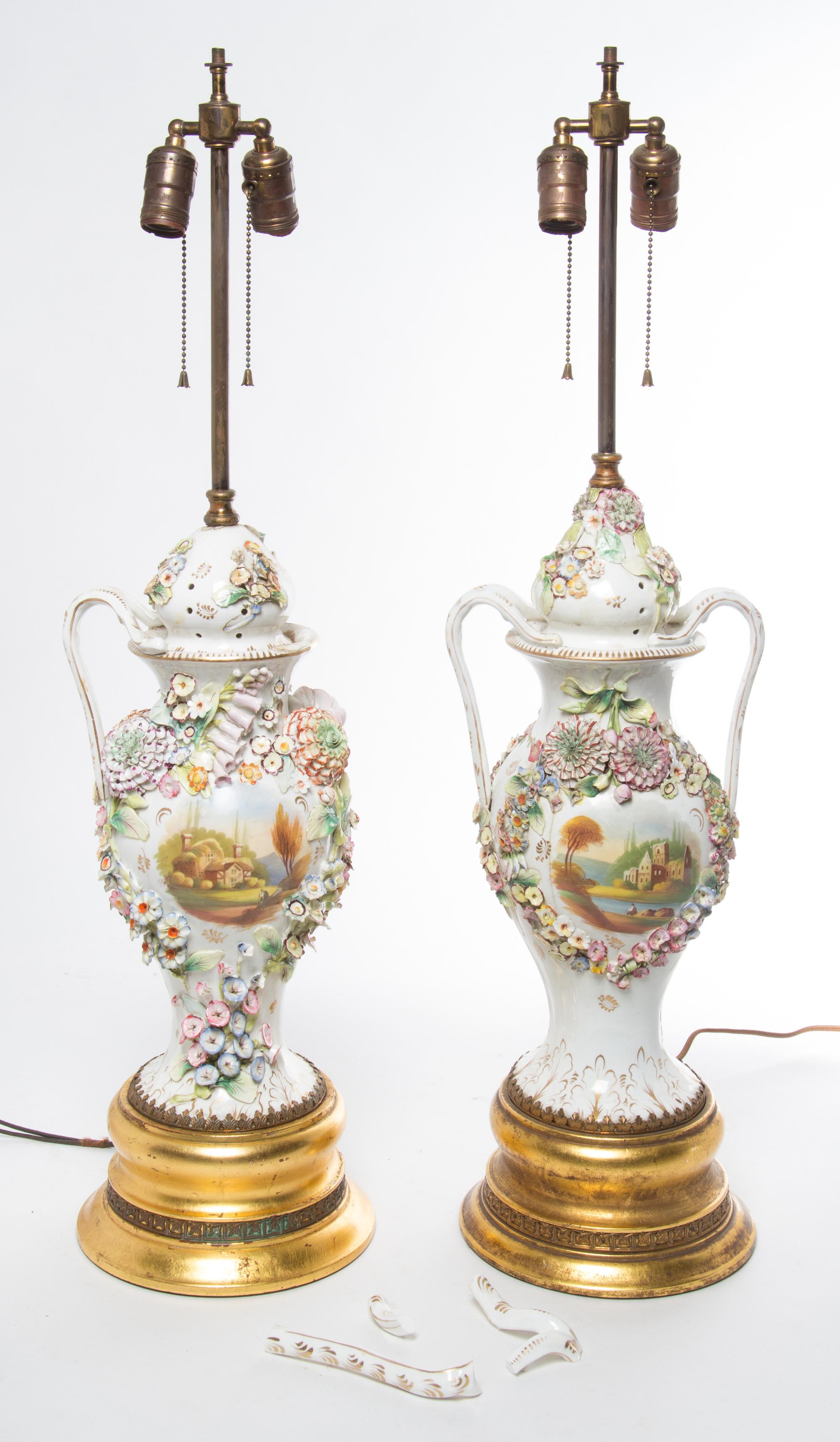 A Pair of Continental Porcelain Covered Urns Height 16 inches. — 20TH CENTURY