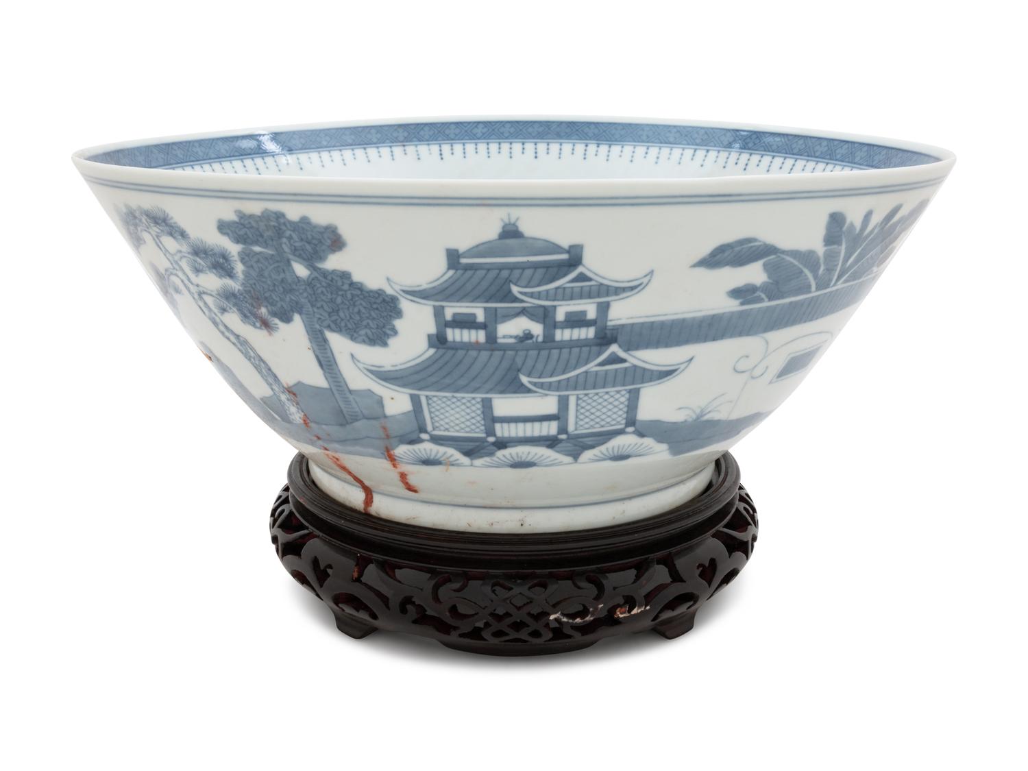 Three Chinese Export Blue and White Porcelain Punch Bowls
