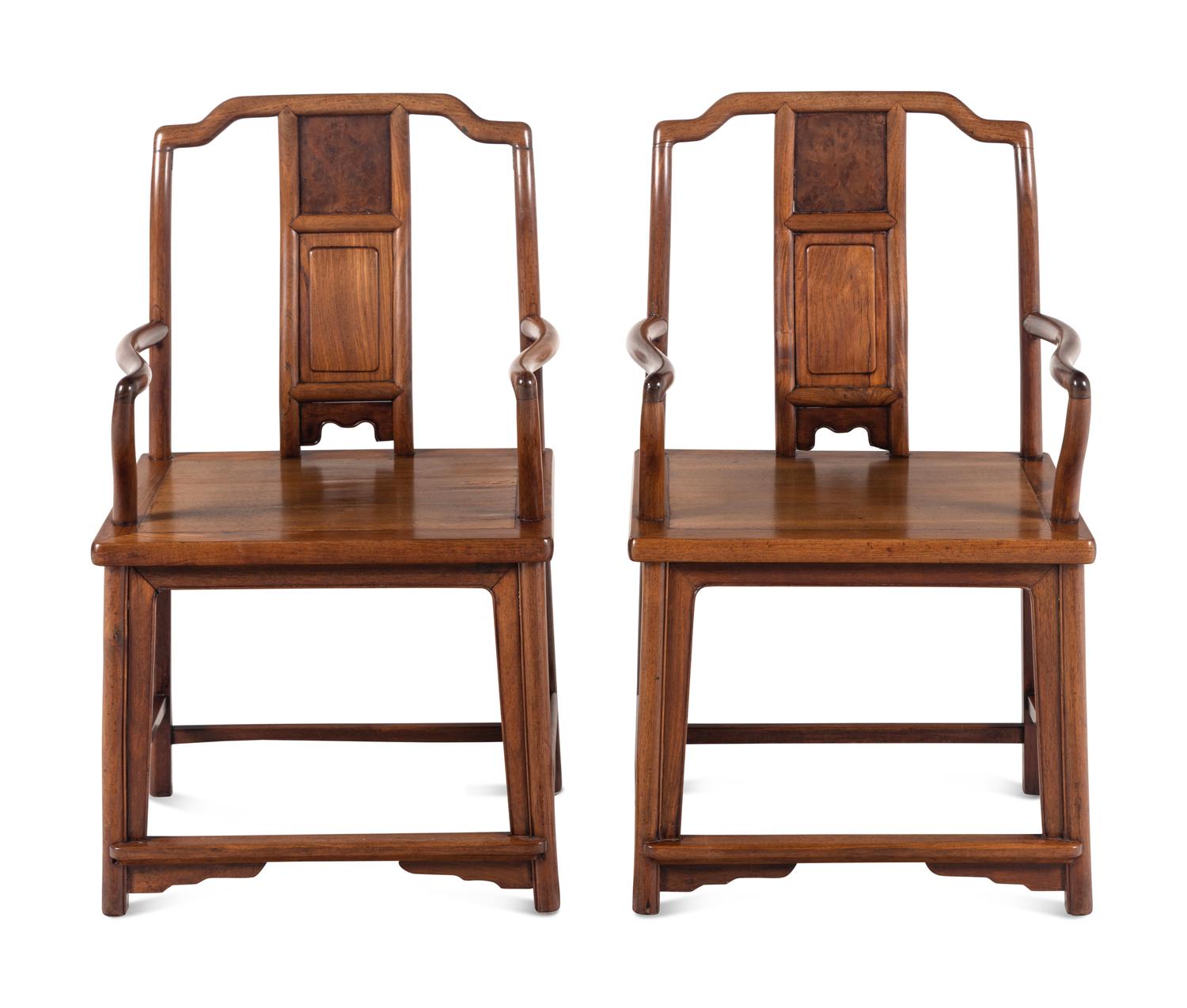 A Pair of Chinese Huanghuali and Burlwood Continuous Yoke Back Armchairs, Nanguanmaoyi