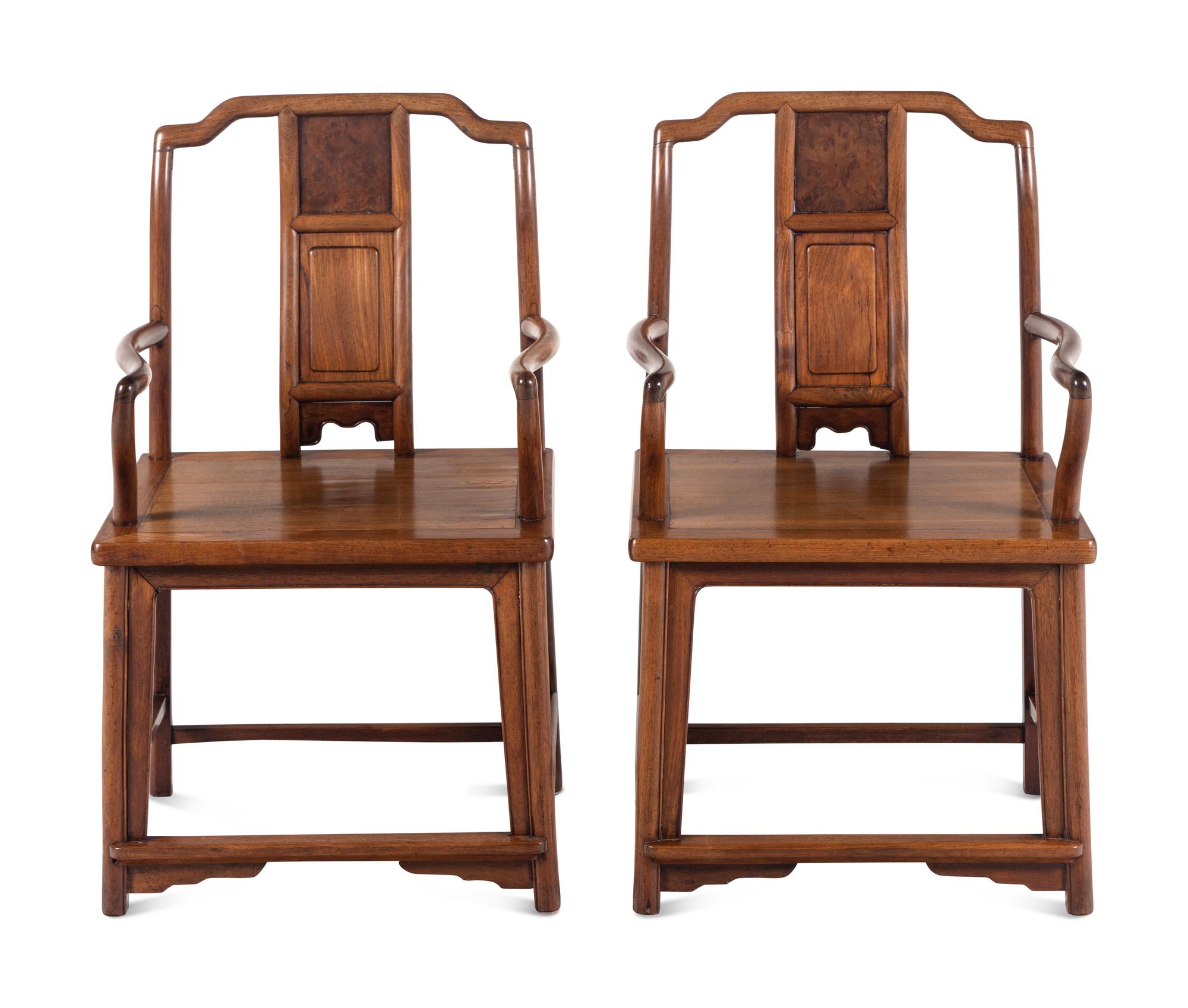 A Pair of Chinese Huanghuali and Burlwood Continuous Yoke Back Armchairs, Nanguanmaoyi