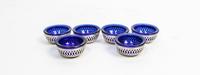 A Set of Six American Silver and Glass-Inset Salts, Webster Co., North Attleboro, MA, the reticulated silver lining with a blue-glass i