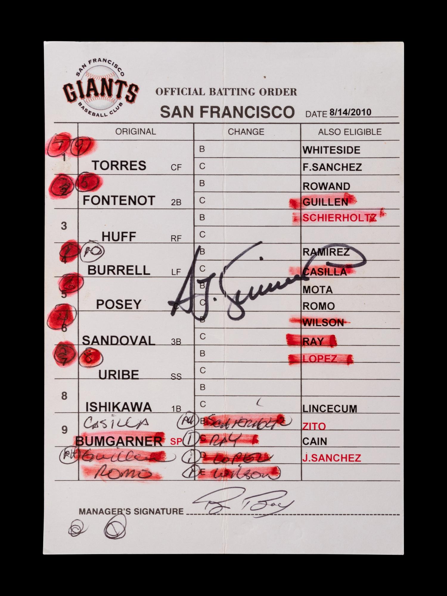 A Group of Three 2010 World Series Champion San Francisco Giants Umpire Lineup Cards from The Collection of Baseball Hall of Famer Ted Simmons,