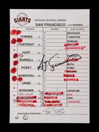 A Group of Three 2010 World Series Champion San Francisco Giants Umpire Lineup Cards from The Collection of Baseball Hall of Famer Ted Simmons,