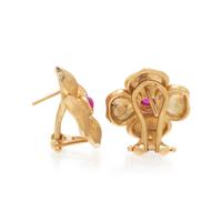 YELLOW GOLD AND SYNTHETIC RUBY FLOWER EARRINGS