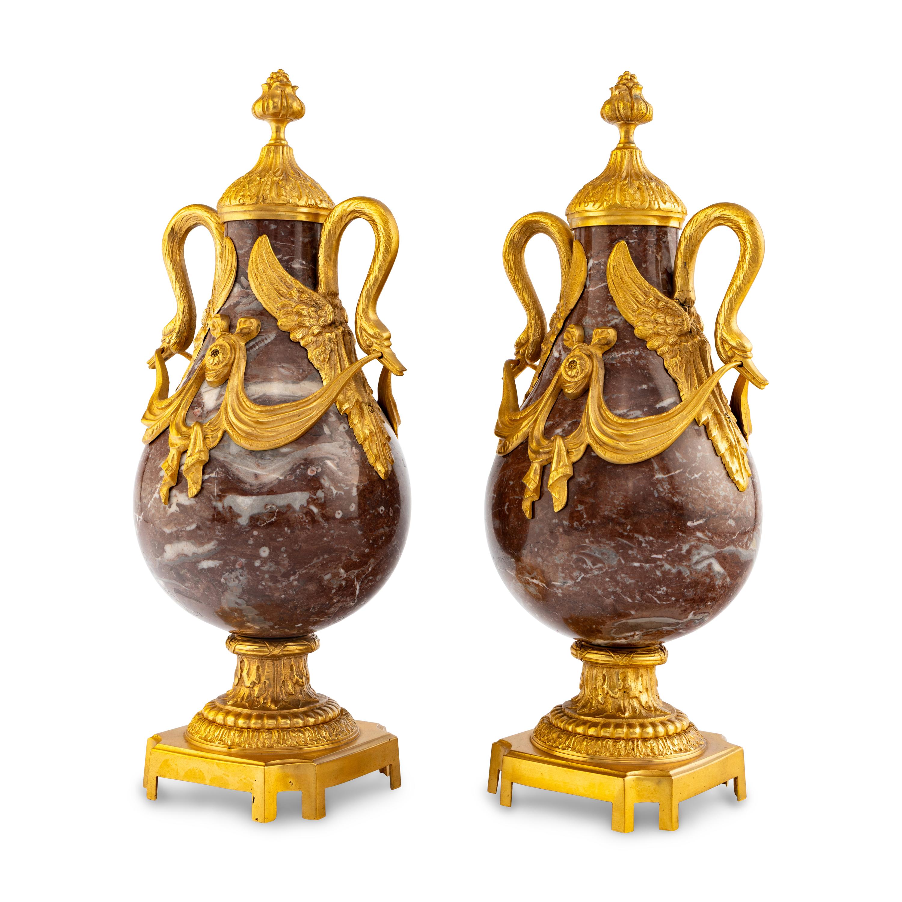A Pair of Louis XVI Style Gilt Bronze Mounted Marble Urns