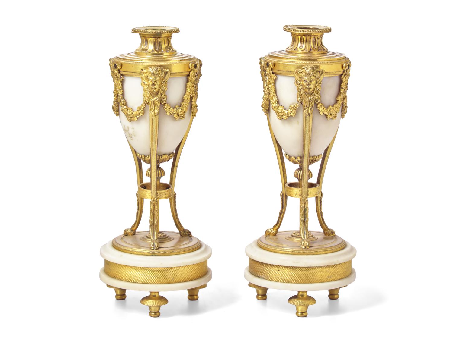 A Pair of Gilt Bronze and Marble Cassolettes