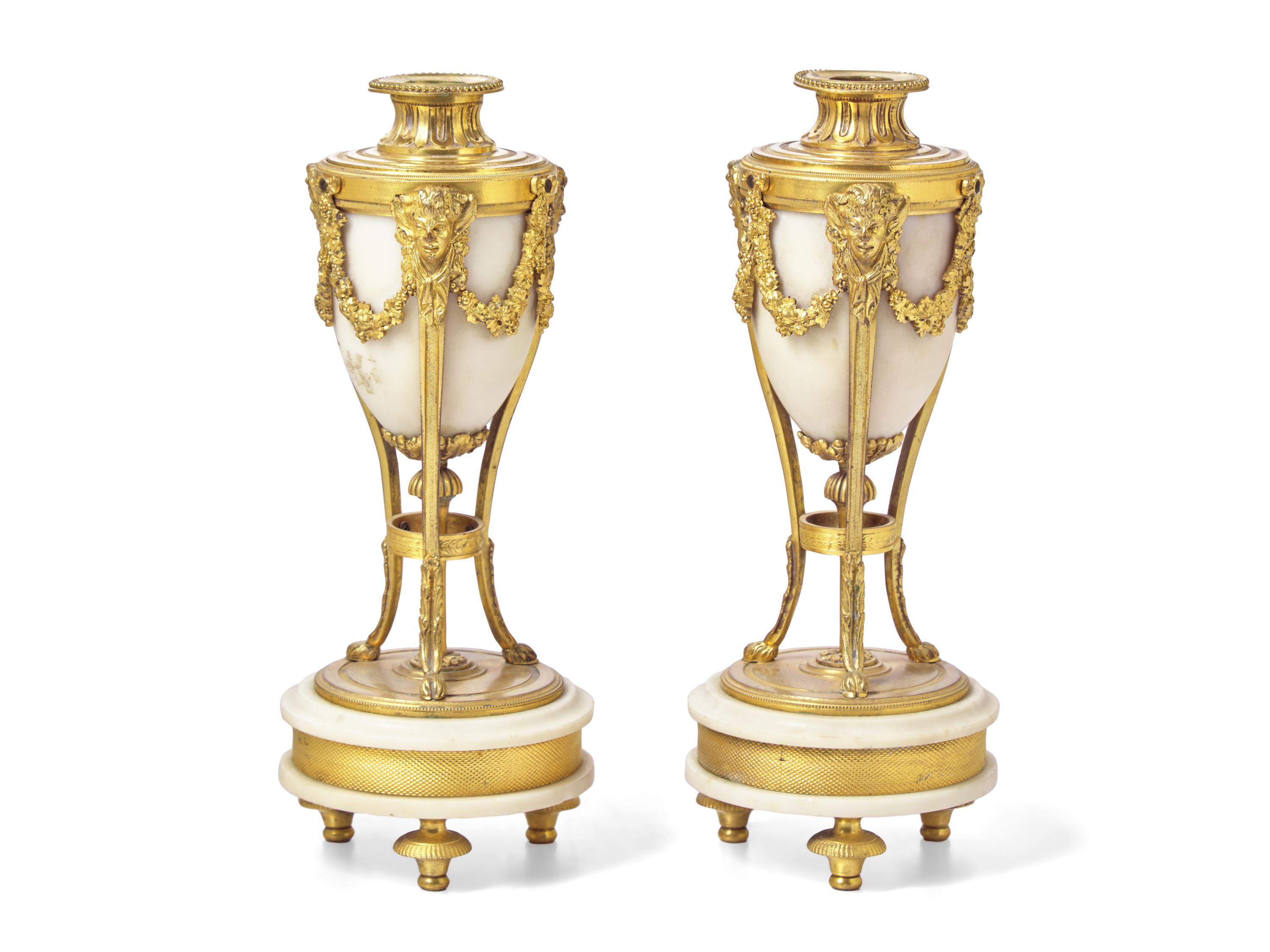 A Pair of Gilt Bronze and Marble Cassolettes