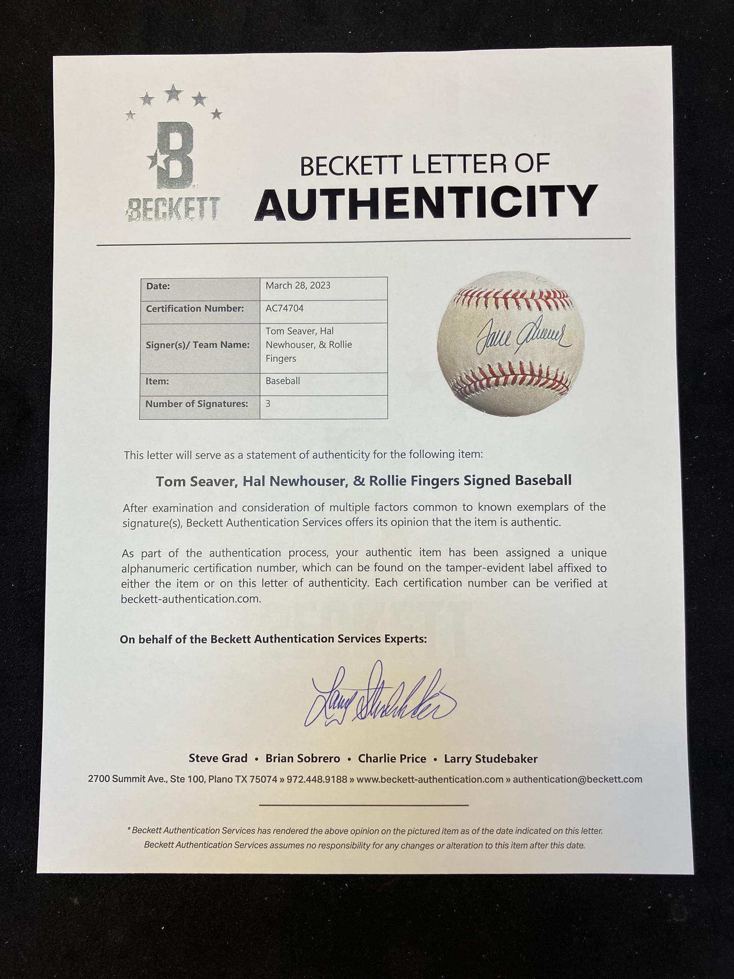 A 1992 Hall of Fame Inductees Signed Autograph Baseball Including Tom Seaver (Beckett Authentication Services Letter),