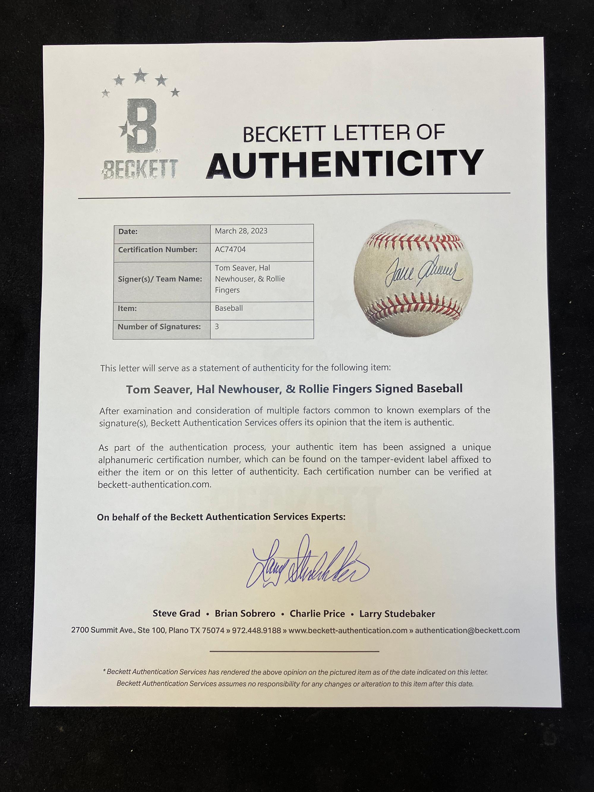 A 1992 Hall of Fame Inductees Signed Autograph Baseball Including Tom Seaver (Beckett Authentication Services Letter),