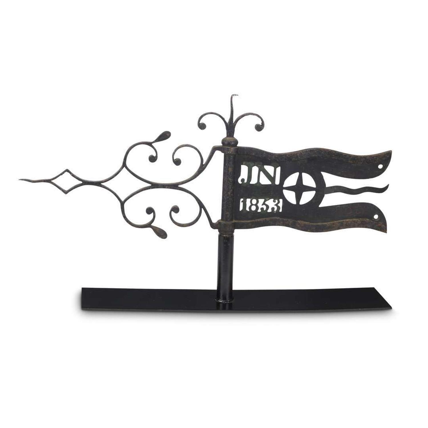 Wrought and sheet iron bannerette weathervane Pierced with the initials, "JN" and the date, "1853"