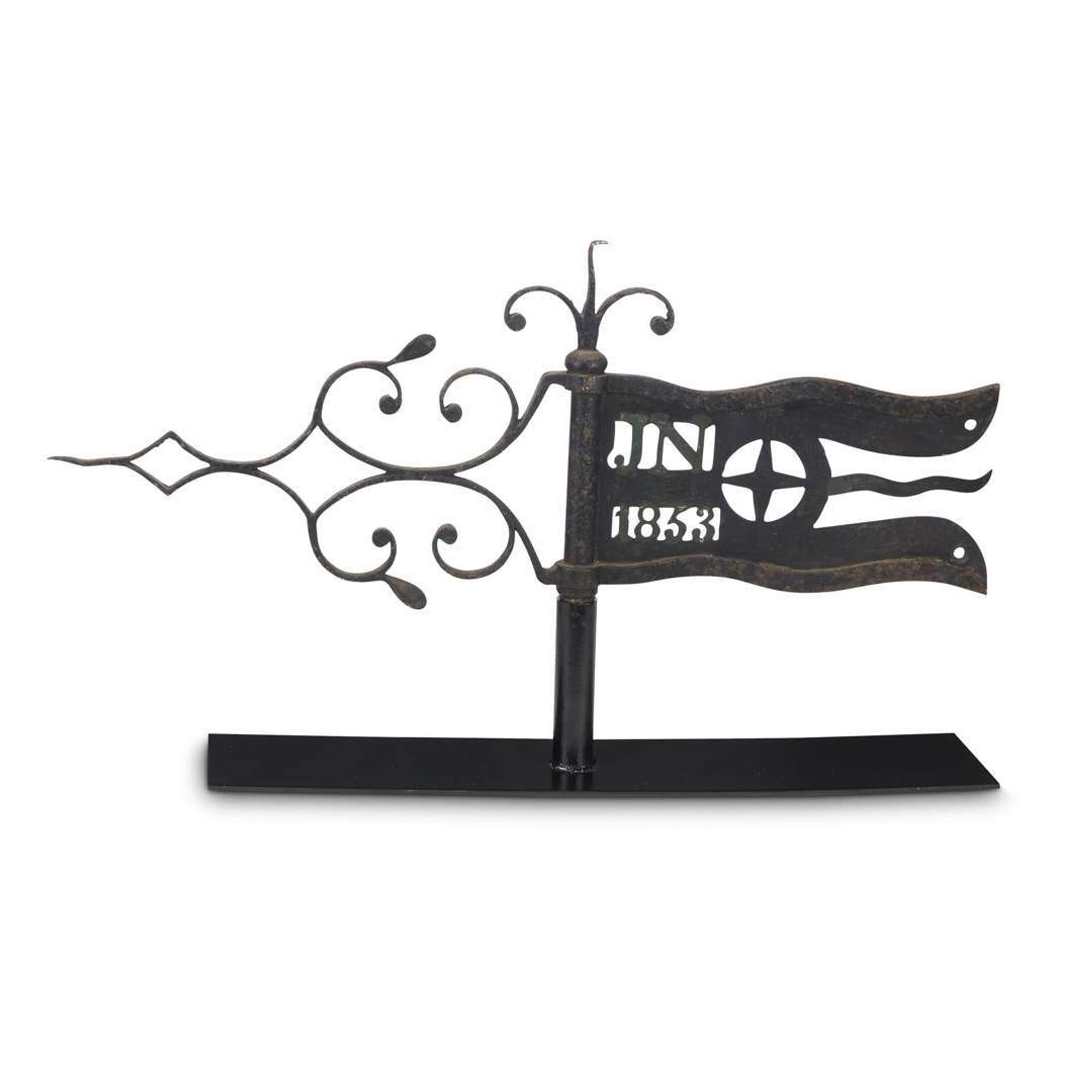 Wrought and sheet iron bannerette weathervane Pierced with the initials, "JN" and the date, "1853"