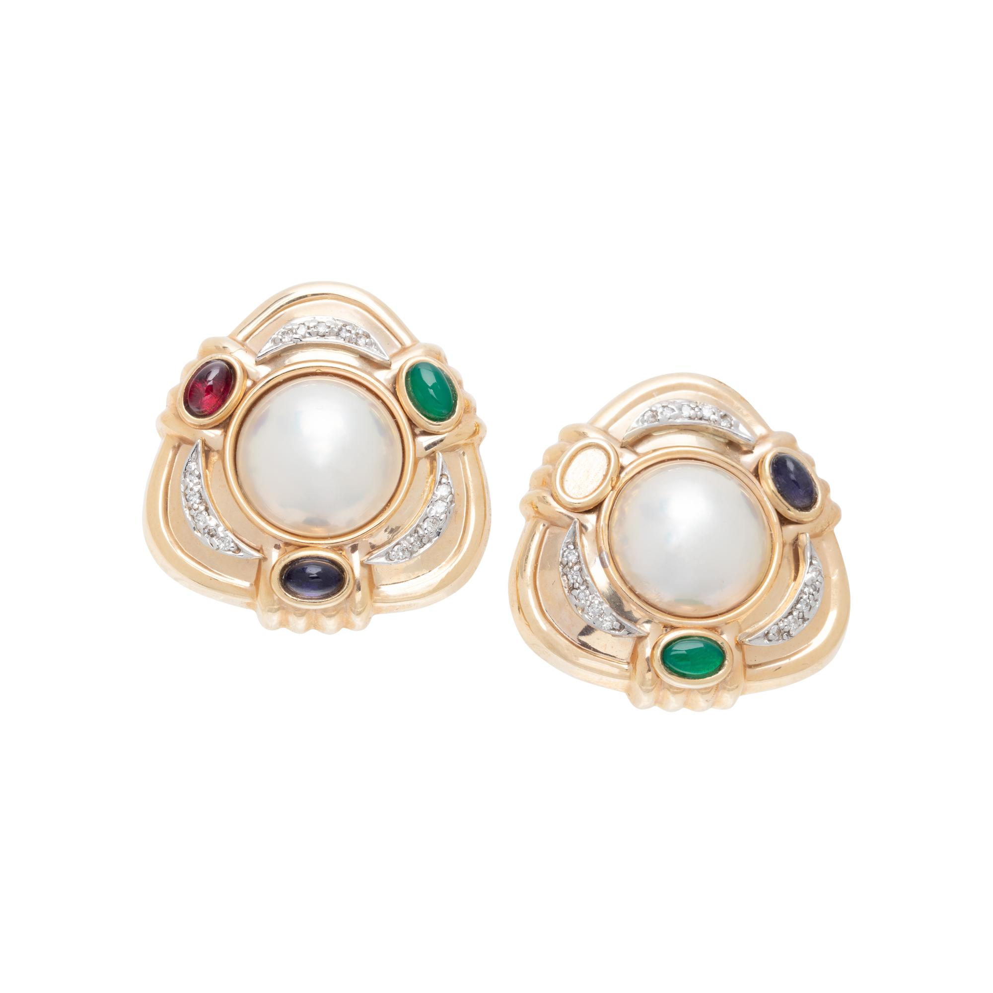 YELLOW GOLD, MULTIGEM AND DIAMOND EARCLIPS