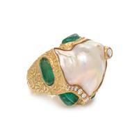 KATY BRISCOE, CULTURED BAROQUE PEARL, DIAMOND AND EMERALD RING